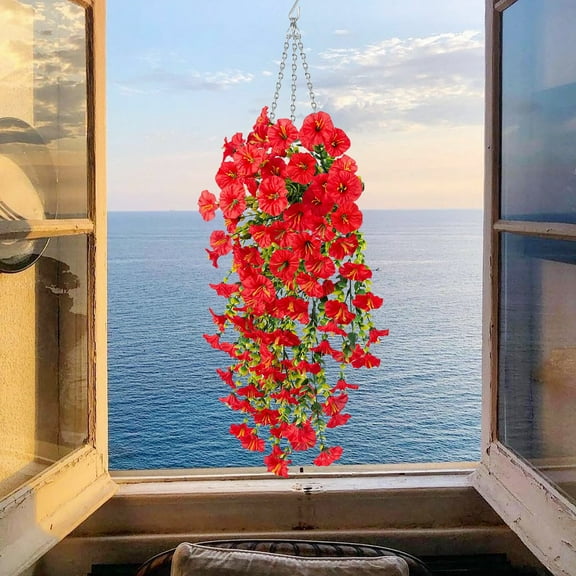 Hanging Morning Glory, Artificial Hanging Flowers, UV Resistant Fake Plastic Faux Hanging Plants Morning Glory Vines for Indoor Outdoor Garden Porch Eave Wedding Wall Décor