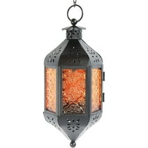 Hanging Moroccan Lamp Decorative Lantern with Chain for Indoor Home Decor, Outdoor Patio, Black Metal, Amber Glass