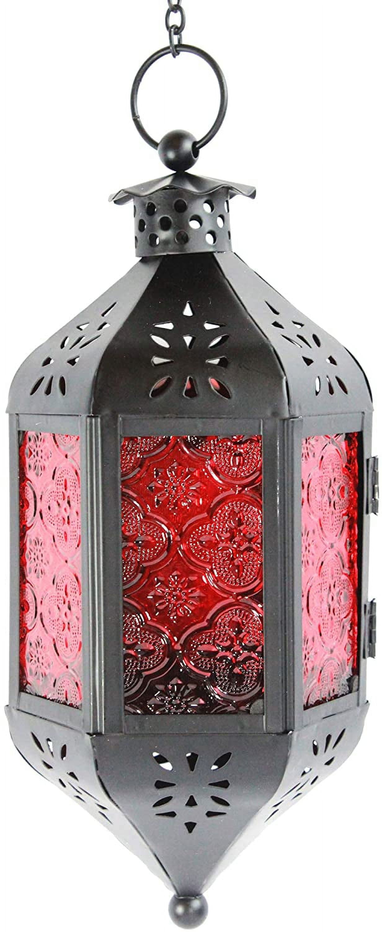 Red Glass and Black Metal Moroccan Hanging Candle Lantern