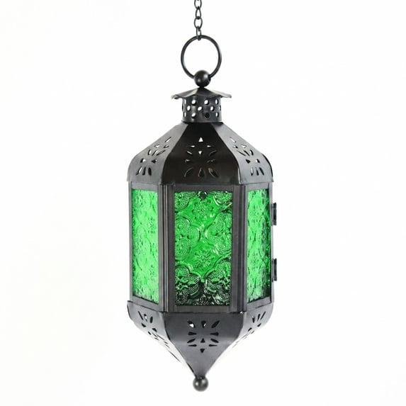 Hanging Moroccan Lamp Decorative Lantern with Chain for Indoor Home Decor, Outdoor Patio, Black Metal, Green Glass