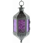 Hanging Moroccan Lamp Decorative Lantern with Chain for Indoor Home Decor, Outdoor Patio, Black Metal, Purple Glass