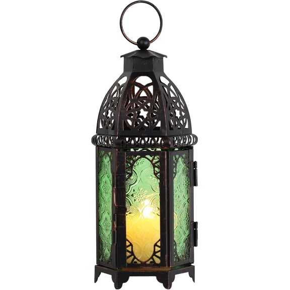 Hanging Moroccan Lantern, 11'' Vintage Candle Holder, Metal Lanterns Decorative Indoor Outdoor, Table, Patio, Porch, Shelf, Gothic Home Decor (Green, Medium Size)