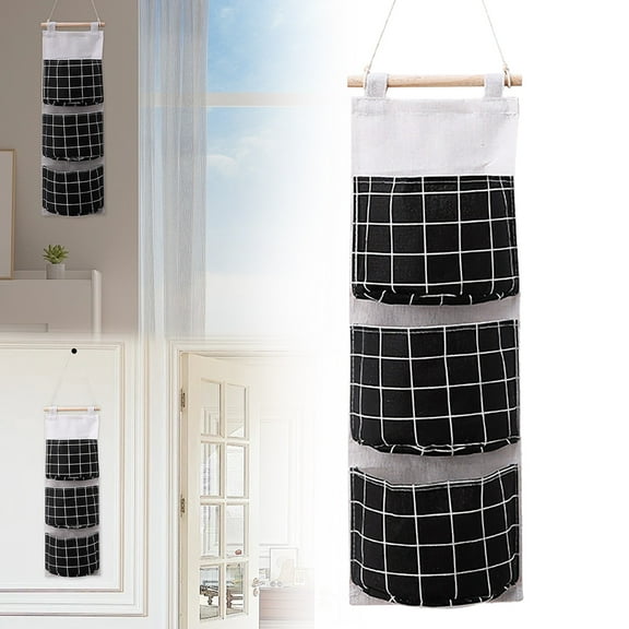 Hanging Multi-Layer Fabric Storage Bag, Wall Hanging Bag Linen Fabric Hanging Organizer Storage Bag with 3 Pockets Wall Organizer for Living Room Bedroom and Bathroom(1 Storage Bag)
