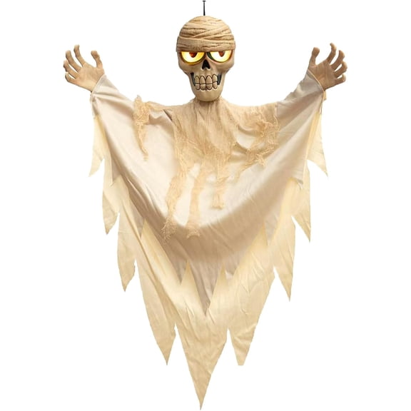 Hanging Mummy Decoration, 35in Voice-Activated Glow in Dark Halloween Prop for Haunted House