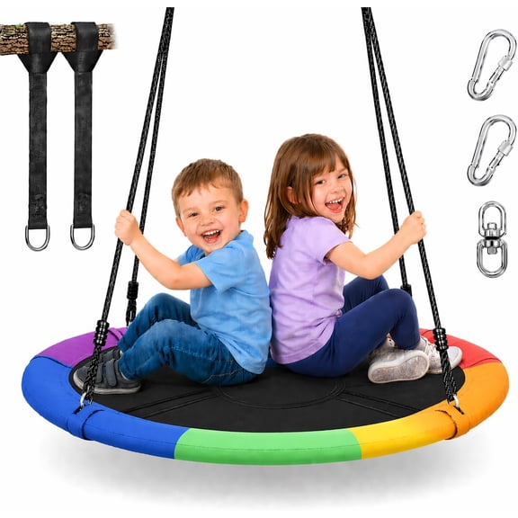 Hanging Netted Seat Swing - 35.5" Inch Kids Indoor Outdoor Yard Round Circle Saucer Swing for Trees or Swing Sets - All Season UV Resistant Rope Swing Net Seat
