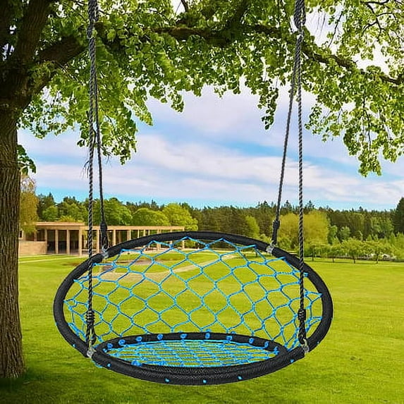 Hanging Netted Seat Swing - 35" Inch Kids Indoor Outdoor Yard Round Circle Saucer Swing for Trees or Swing Sets - All Season UV Resistant Rope Swing Net Seat
