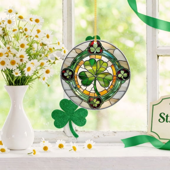 Hanging Ornament Irish Window Suncatcher, Stained Glass Look, Four-Leaf Shape, Acrylic, Festive Home Indoor Outdoor Decor, 4x4Inch