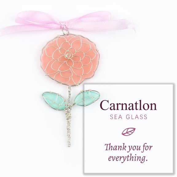 Hanging Ornament, Sea Glass Floral Design with Silver Wire Wrapping 4.7 Inch Decor Set of 1 Pendant and 1 Greeting Card for Home Wall Window Display Mother's Day Gift Party Home Decoration