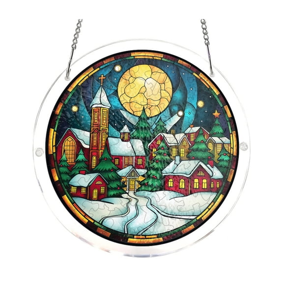 Hanging Ornament Stained Glass Effect Christmas Acrylic Puzzle Suncatcher Winter Snowy Village Scene Window Decor for Holiday Home Display