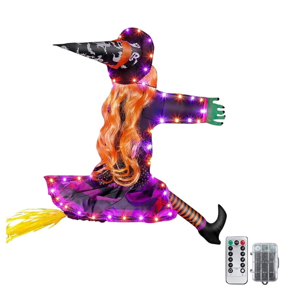 Hanging Ornament for Halloween Witch Theme Large Flying Witch Crashing Into Tree Outdoor Lighted Yard Patio Porch Decoration,11.02×43.31 inch,Purple