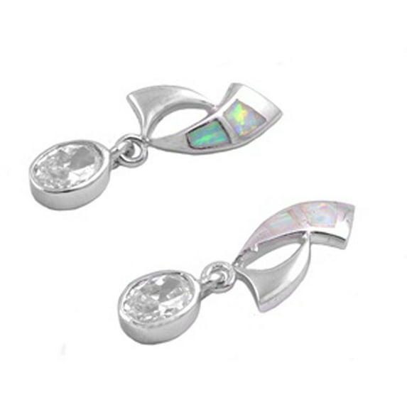 Hanging Oval Earrings Clear Cubic Zirconia White Simulated Opal .925 Sterling Silver Jewelry Female