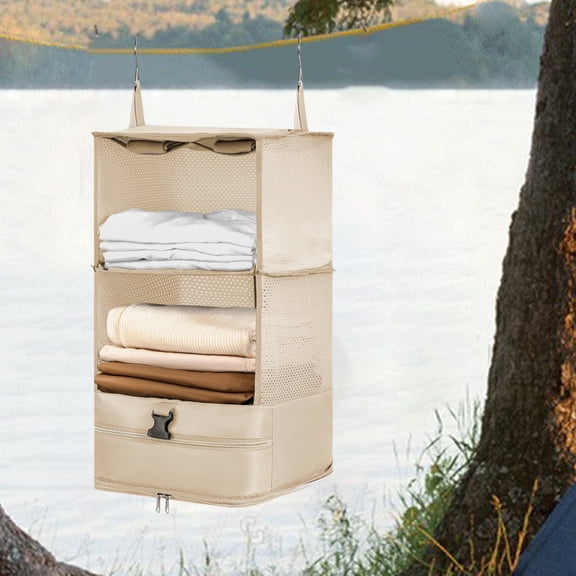 Hanging Packing Cubes Organizer Portable Closet Shelves-3-Tier Travel Garment Storage for Luggage and Suitcase,Polyester Mesh,11.8x11.8x25.2 in,Gray Khaki