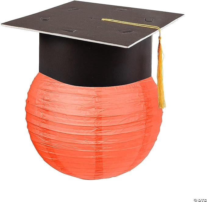 Hanging Paper Lantern with Graduation Cap Decorating Kit - 12 Pieces - Great For Graduation Celebration Parties (Orange)