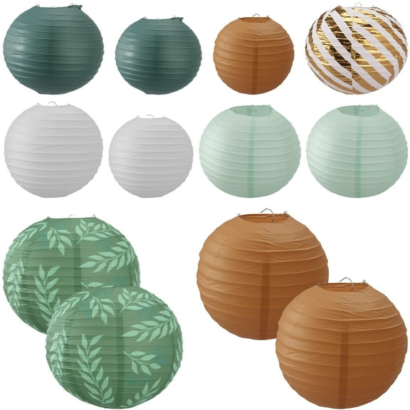 Hanging Paper Lanterns Decorative, Green Brown Paper Lanterns Ceiling Party Decorations with 12 LED Lights for Birthday Bridal Shower Wedding Greenery Neutral Home Décor, Pack of 12