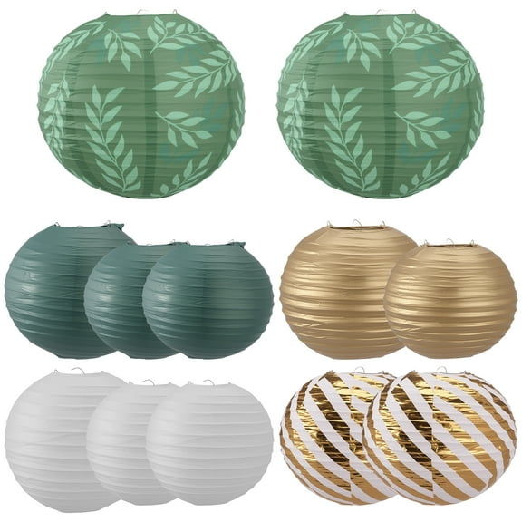Hanging Paper Lanterns Decorative, Green Brown Paper Lanterns Ceiling Party Decorations with 12 LED Lights for Birthday Bridal Shower Wedding Greenery Neutral Home Décor, Pack of 12
