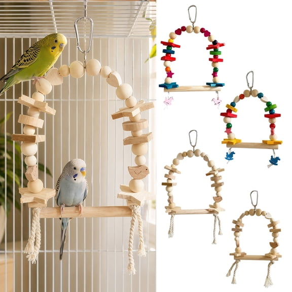 Hanging Parrot Swing Toy, Wooden Bird Perch Stand for Cage, Wood Beads Blocks Chew Toy for Parakeet Cockatiel Budgie Macaws