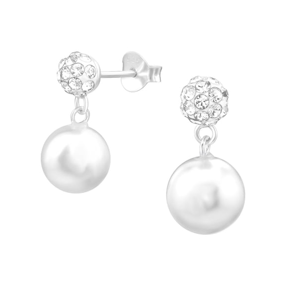 Hanging Pearl 925 Sterling Silver Stud Earrings with Crystals