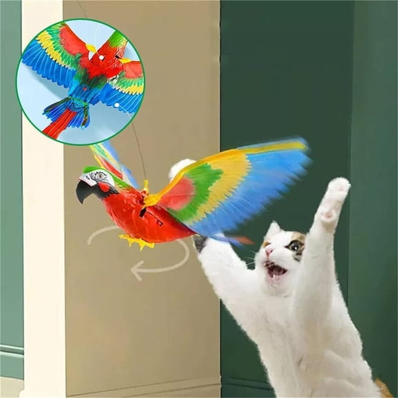 Hanging Pet Toy Chirping Bird Cat Toys Sound Light Parrot Flying 360 Rotation, 16.5 inch, Blue