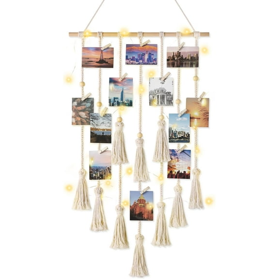 Hanging Photo Display Boho Macrame Wall Decor with Light, Teen Girl Teenage Gifts, Pictures Cards Frame Holder Art Hanger for Christmas Birthday Party Bedroom Dorm, with 30 Wood Clips
