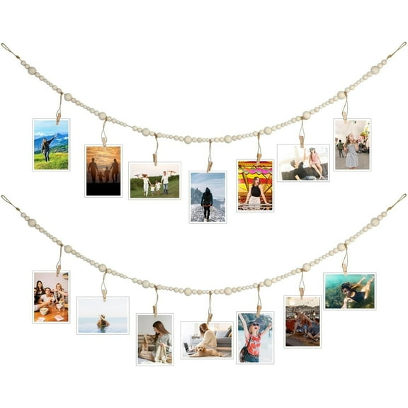 Hanging Photo Display,Boho Wooden Bead Garland Collage Picture Frame,Photo Hanger with 7 Wood Clips for Bedroom, Living Room, Office, Dorm Decor,Photo Display Hanger ,2 Pcs 4 ft