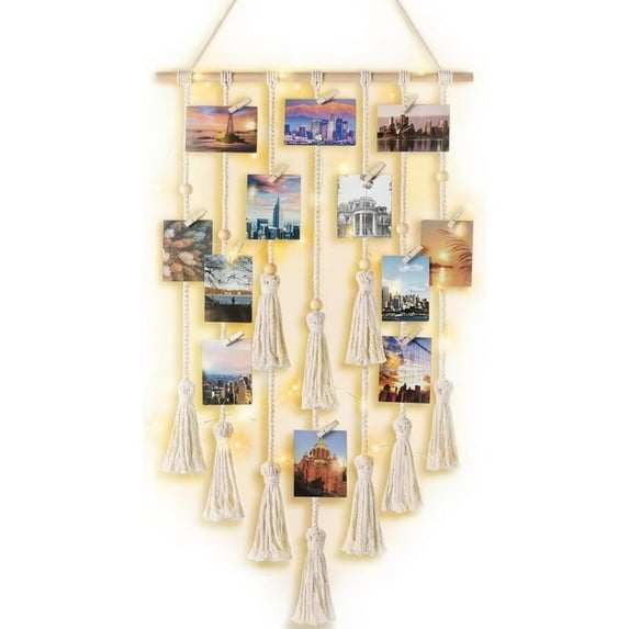 Hanging Photo Display with Clip,Picture Frames Collage with LED Light String,Home Wall Decor,Photo Display Hanging Shelves for Teenager Teen Girl Gifts,Topboutique,Beige