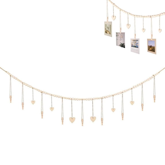 Hanging Photo Display with Clips, Hanging Photo Display Room Wall Decor, Boho Collage Picture Frame Christmas Cards Holder, Wooden Beads Garland, PhotoHanger for Office Cubicle Decor