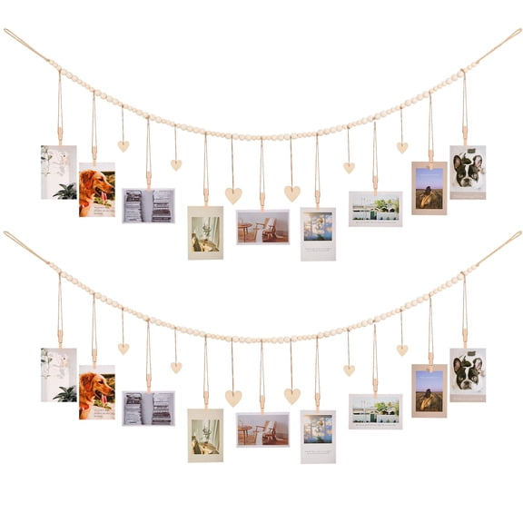 Hanging Photo Display Room Wall Decor, Boho Collage Picture Frame Christmas Cards Holder, Photo Hanger with 9 Wood Clips and 6 Wooden Hearts Tags for Home, Bedroom, Office
