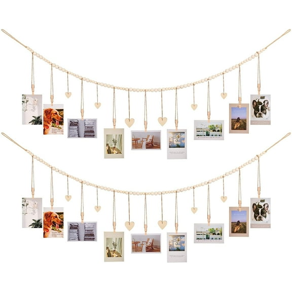 Hanging Photo Display Room Wall Decor, Wooden Bead Garland Boho Collage Picture Frame, Photo Hanger with 9 Wood Clips and 6 Wooden Hearts Tags for Home, Bedroom, Office, Nursery, Dorm Decor (2)