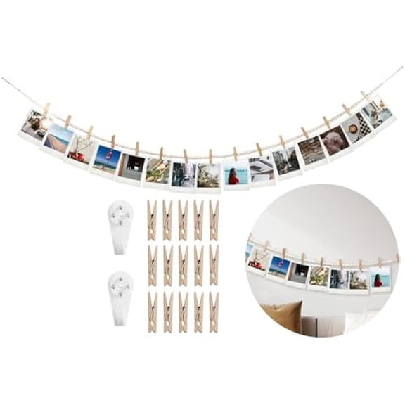 Hanging Photo Display Wall Decor with 15 Wood Clips,  67 Inches Boho Wooden Bead Garland Collage Picture Frame Photos String DIY, Photo Hanger for Bedroom Office Dorm Room Decor Gifts(1PCS)