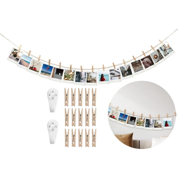 Hanging Photo Display Wall Decor with 15 Wood Clips,  67 Inches Boho Wooden Bead Garland Collage Picture Frame Photos String DIY, Photo Hanger for Bedroom Office Dorm Room Decor Gifts(1PCS)