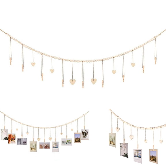 Hanging Photo Display Wall Decor, 2PCS Boho Wooden Bead Garland Collage Picture Frame with 9 Wood Clips for Bedroom, Living Room, Office, Dorm Decor, Photos Holder