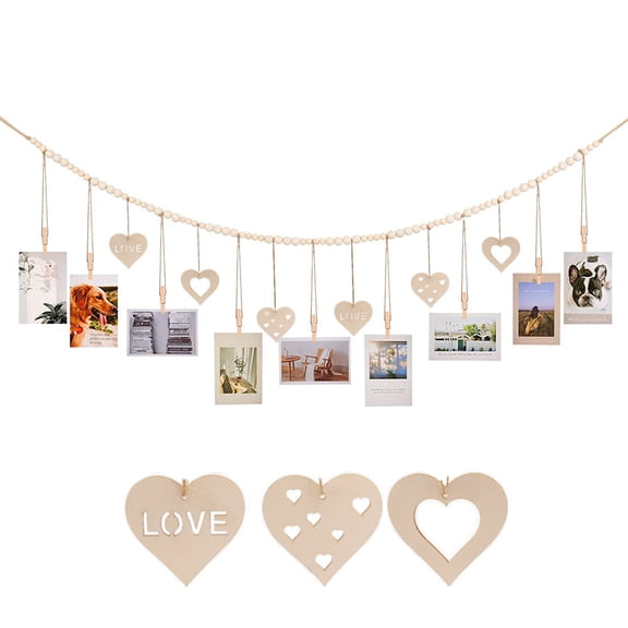 Hanging Photo Display Wall Decor, 2PCS Boho Wooden Bead Garland Collage Picture Frame with Wood Clips for Bedroom, Living Room, Office, Dorm Decor