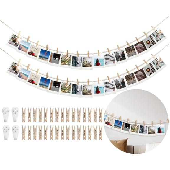 Hanging Photo Display Wall Decor with 30 Wood Clips,  67 Inches Boho Wooden Bead Garland Collage Picture Frame Photos String DIY, Photo Hanger for Bedroom Office Dorm Room Decor Gifts(2PCS)