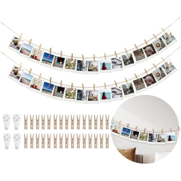 Hanging Photo Display Wall Decor with 30 Wood Clips, 67 Inches Boho Wooden Bead Garland Collage Picture Frame Photos String DIY, Photo Hanger for Bedroom Office Dorm Room Decor Gifts(2PCS)