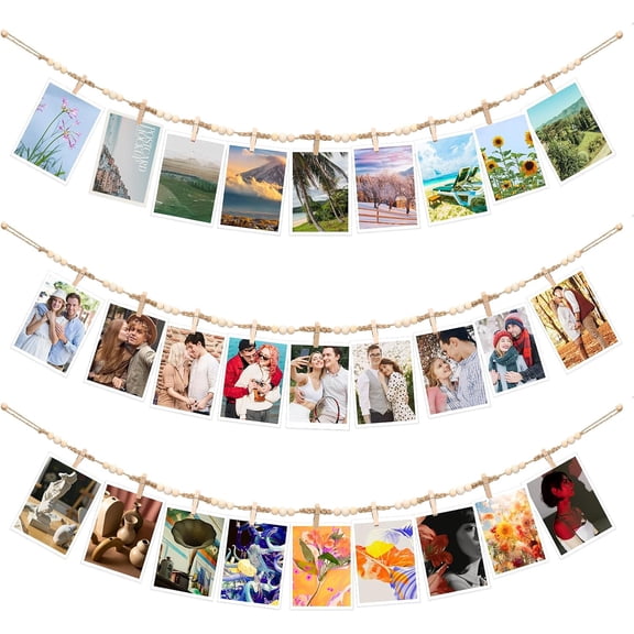 Hanging Photo Display Wall Decor, 3Pcs Boho Wooden Bead Garland Picture Banner Collage Picture Card Frame Holder with 30Clips, 24 Wooden Pegs for Bedroom, Living Room Teen Girl Gifts