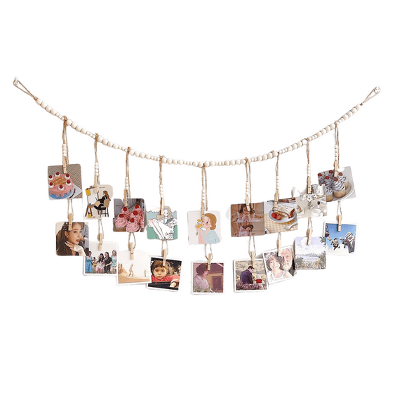 Hanging Photo Display Wall Decor, Boho Wooden Bead Garland Collage Picture Frame with Wood Clips for Bedroom, Living Room, Office, Dorm Decor, Photos Holder Christmas Cards Teen Girl Gifts