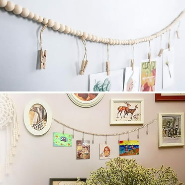 Hanging Photo Display Wall Decor, Boho Wooden Bead Tassel String Photo Display with Clips Decor, Wooden Beads Garland with Clothespins Picture Cards Holders, Art Display Hangers for Artwork