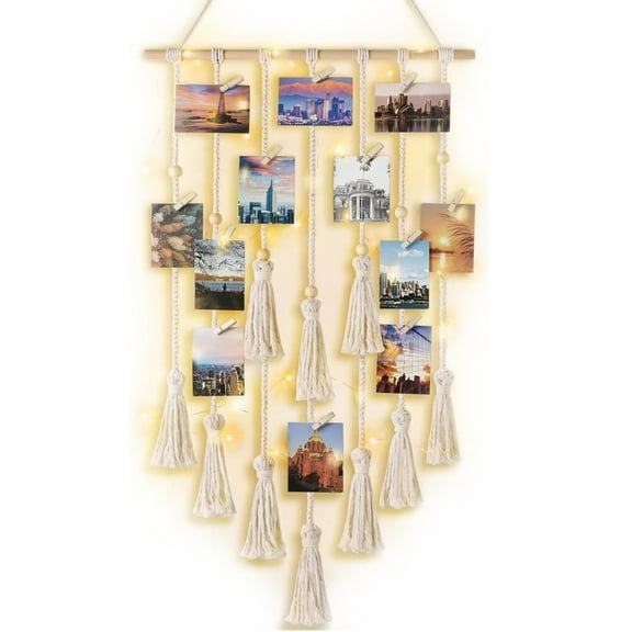 Hanging Photo Display Wall Decor,Handmade Boho Style Tassel Wall Hangings,Picture Frame Collage Board with Light 20 Wood Clip,Home Bedroom Decor,Teenage Teen Girl Gifts (Beige)