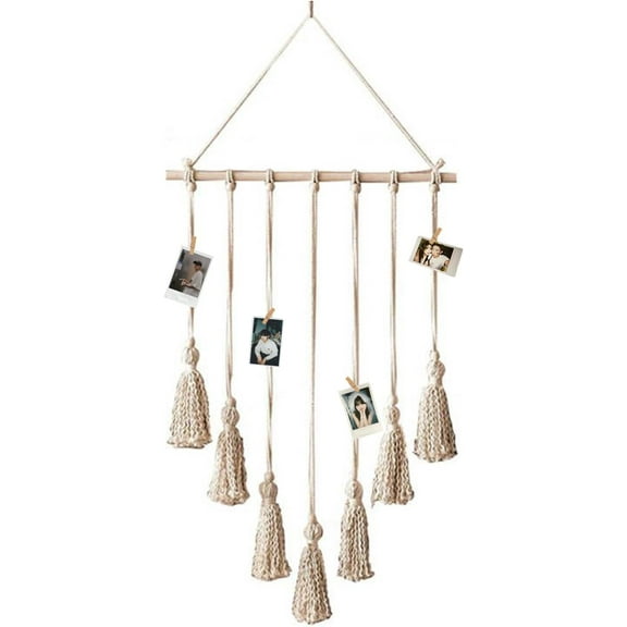 Hanging Photo Display Wall Decor Macrame Wall Hanging Pictures Holder with 10 Clips Collage Picture Frame for Boho Home Room Decor (B)