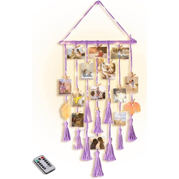 Hanging Photo Display Wall Decor, Purple Macrame Hanging Boho Room Bedroom Decor, Picture Frame Collage with Light 30 Clips, Christmas Teenage Teen Girl Gifts Ages 10 11 12 13 14 Years Old