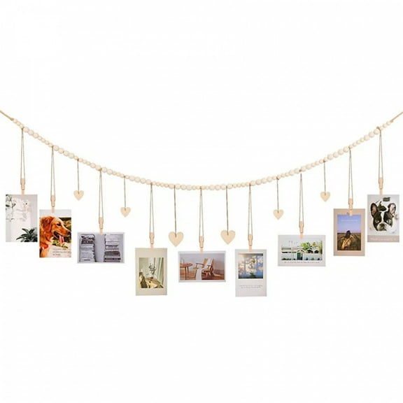 Hanging Photo Display Wooden Bead Garland Boho Wall Hanging for Bedroom Living Room Dorm Party Decor Teen Girl Gifts