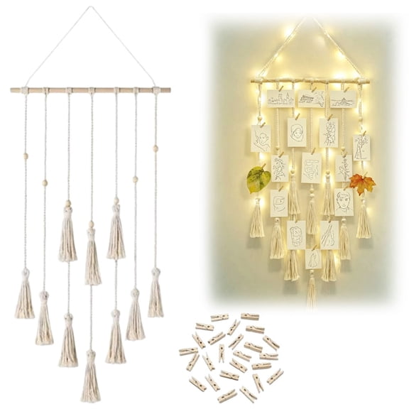 Hanging Photo Display, Yayun Macrame Wall Decor with Light, Pictures Cards Frame Holder Art Hanger for Birthday Party Room Bedroom Dorm, with 20 Wood Clips, Beige