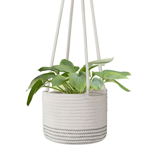 Hanging Plant Basket Boho Cotton Rope Basket Indoor Hanging Planter, Up to 7" Flower Pot, Macrame Woven Modern Plant Holder, Storage Bin Organizer, Home Decor with 20" Hanging Rope, White