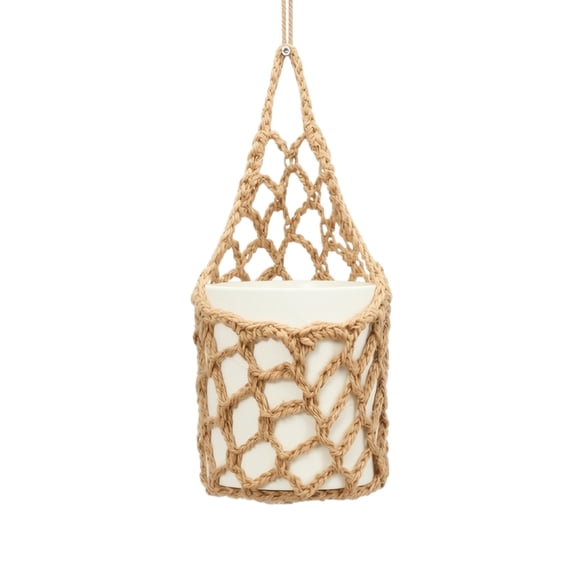 Hanging Plant Basket Handmade Crochet Fiber 6 X 11 Inch Single Pack Boho Wall Decor for Indoor Home Kitchen Display