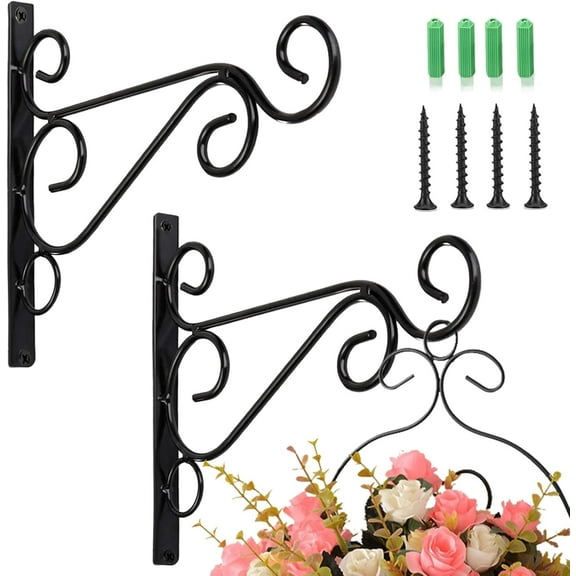 Hanging Plant Brackets, 2pcs 10 inch Bird Feeder Wall Hooks, Metal Hanging Brackets for Plants Lantern Wind Chimes Flower Basket (Black)