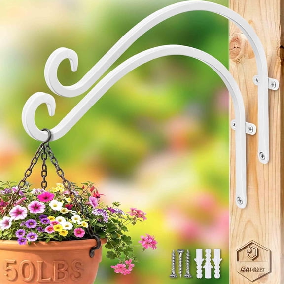 Hanging Plant Brackets Outdoor: 50lbs Weight Capacity - Hanging Plant Hangers Wall Hooks 2 Packs, 12-Inch Wall Mount Brackets for Bird Feeder, Flower Baskets, White
