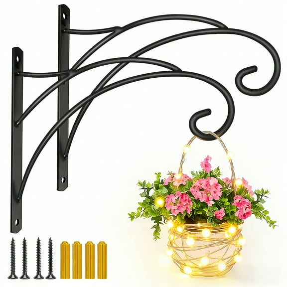 Hanging Plant Brackets, Pack of 2 Iron Hanging Basket Bracket Durable Weather-Resistant Outdoor Plant Hooks for Hanging Plant Lantern Windchime Birdhouse Metal Sign Fruit Bracket, Screw Included