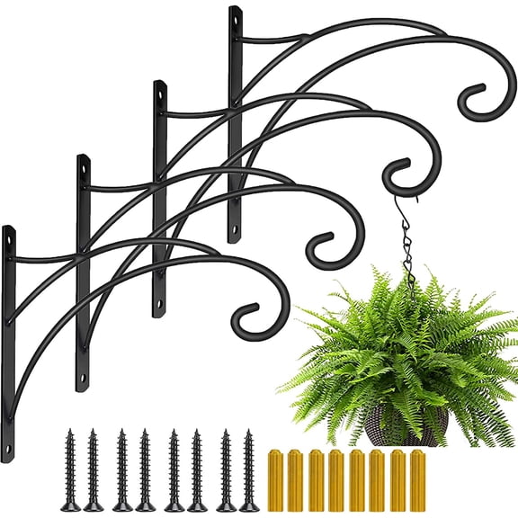Hanging Plant Brackets, Pack of 4 Iron Basket Bracket Durable Weather-Resistant Outdoor Hooks for Lantern Windchime Birdhouse Metal Sign Fruit Bracket, Screw Included