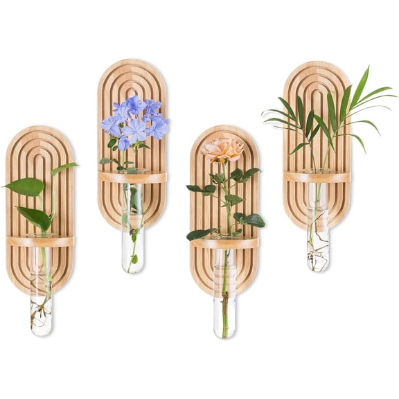 Hanging Plant Propagation Stations: Rustic Wall Planter Set of 4 Planters for Indoor Plants Wood Plant Holder Decorative Glass Terrarium Test Tube Propogation Vase for Home Office Decor