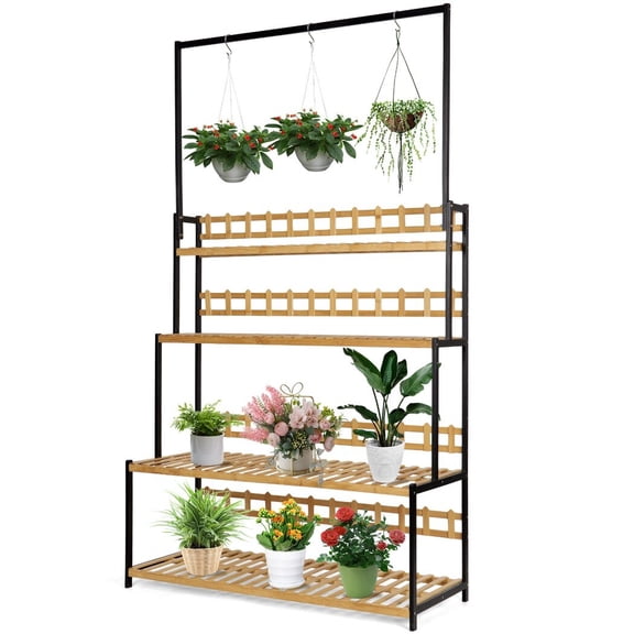 Hanging Plant Stand Organizer, Metal Bamboo Tall Plant Rack, Multiple 4 Tiered Flower Display Rack, Plant Shelf Ladder for Indoor Outdoor